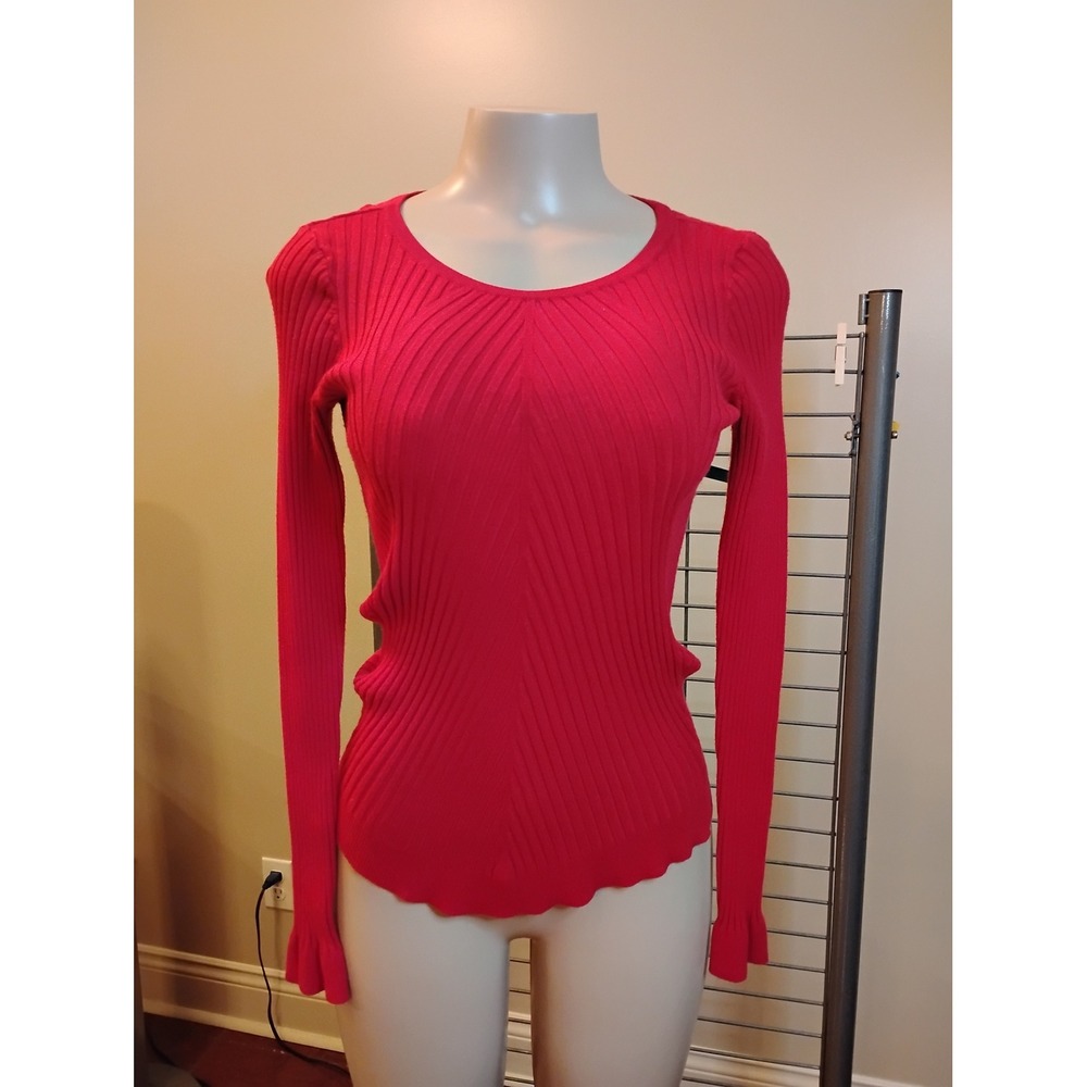 Red Ribbed Knit Long Sleeve Sweater Ruffle Cuff Round Neck Top Med Large